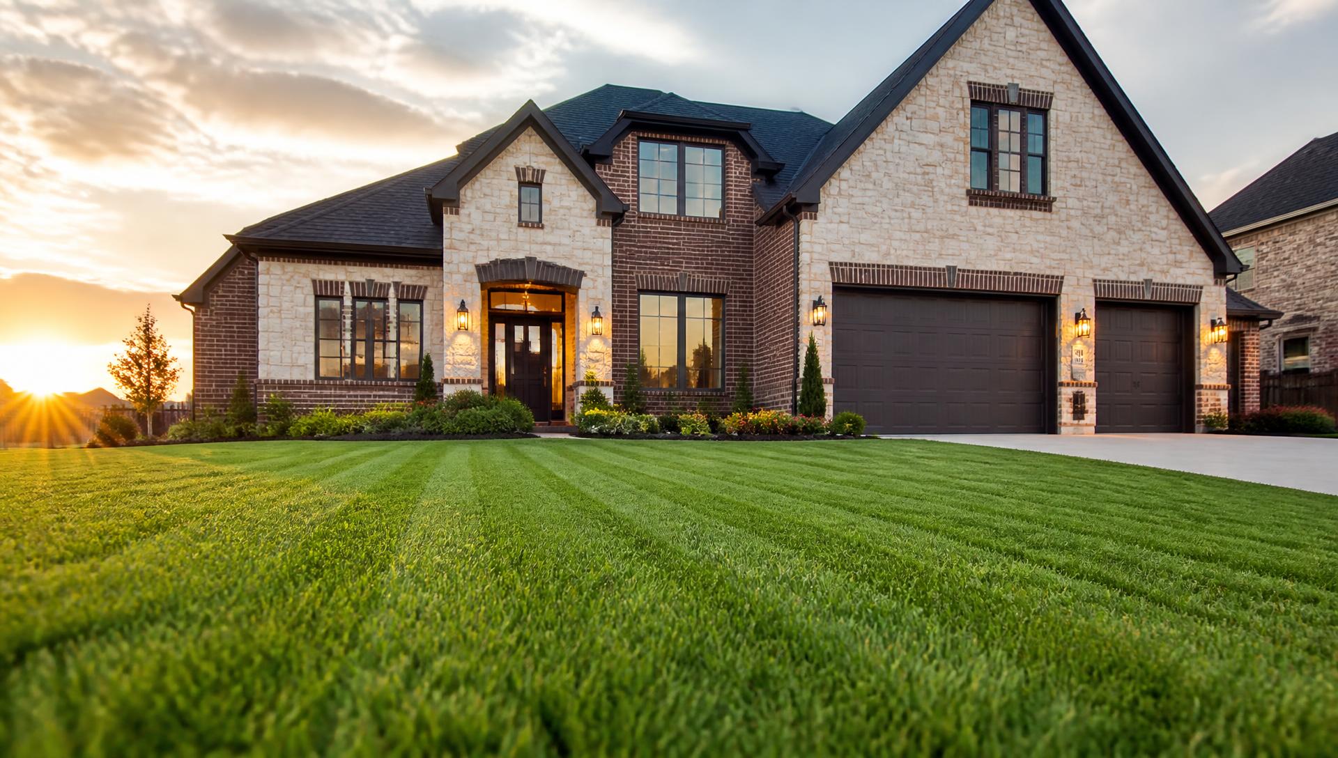 Deep green manicured lawn in front of an upscale Rockwall, Texas home at golden hour